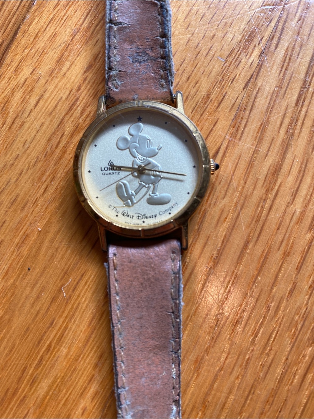 Mickey Mouse Gold-Tone Quartz Watch with Brown Leather Strap